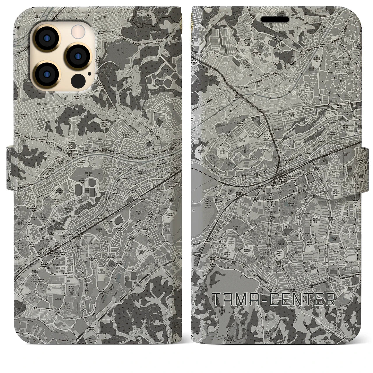 【多摩センター(東京都)】地図柄iPhoneケース(手帳タイプ)モノトーン・iPhone 12 Pro Max 用