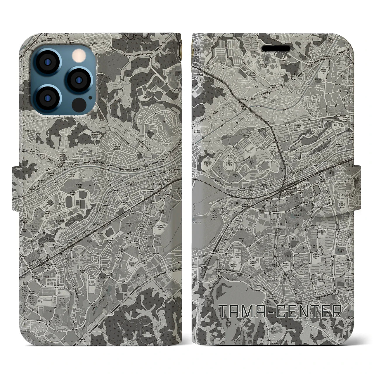 【多摩センター(東京都)】地図柄iPhoneケース(手帳タイプ)モノトーン・iPhone 12 / 12 Pro 用