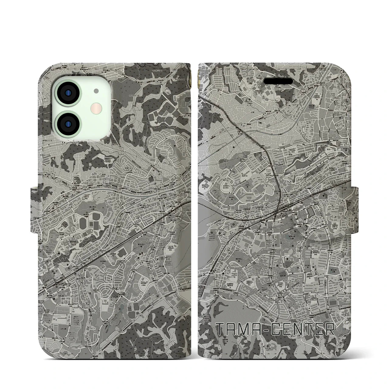 【多摩センター(東京都)】地図柄iPhoneケース(手帳タイプ)モノトーン・iPhone 12 mini 用