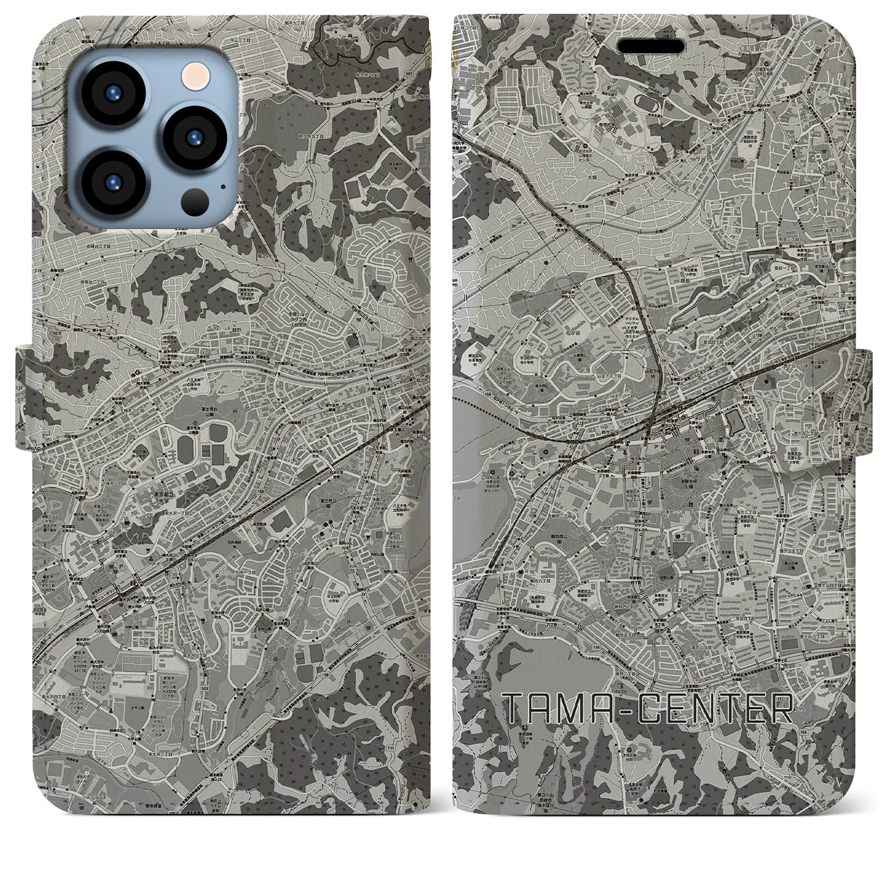 【多摩センター(東京都)】地図柄iPhoneケース(手帳タイプ)モノトーン・iPhone 13 Pro Max 用