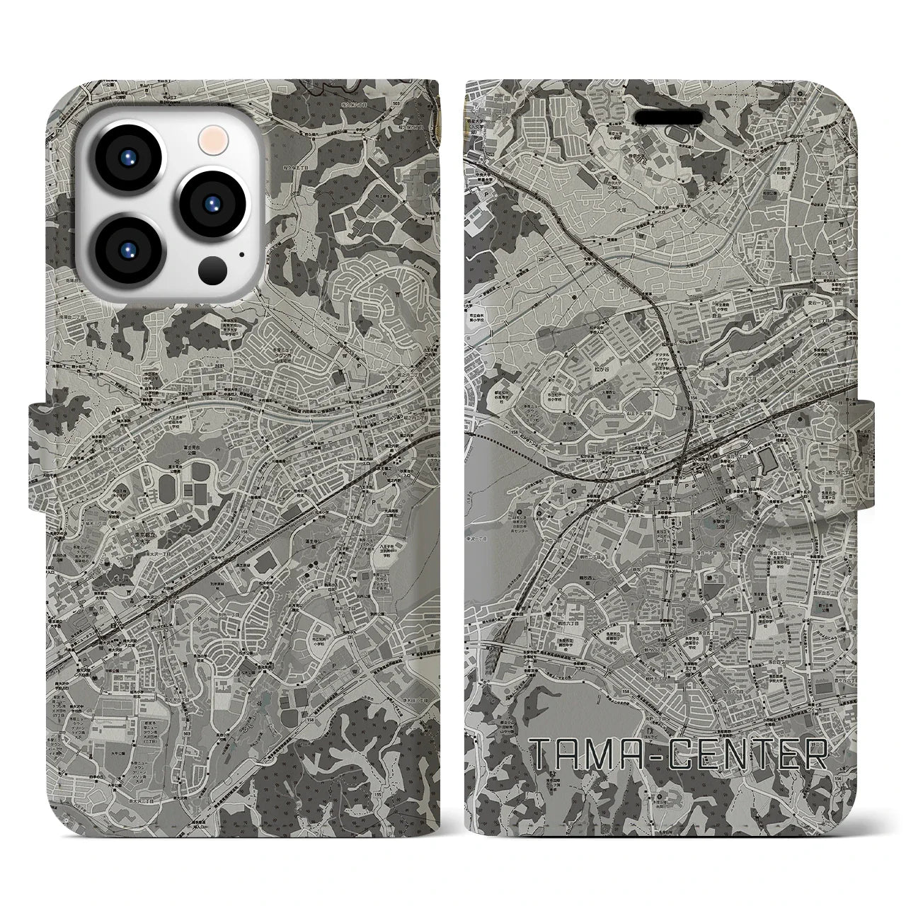 【多摩センター(東京都)】地図柄iPhoneケース(手帳タイプ)モノトーン・iPhone 13 Pro 用