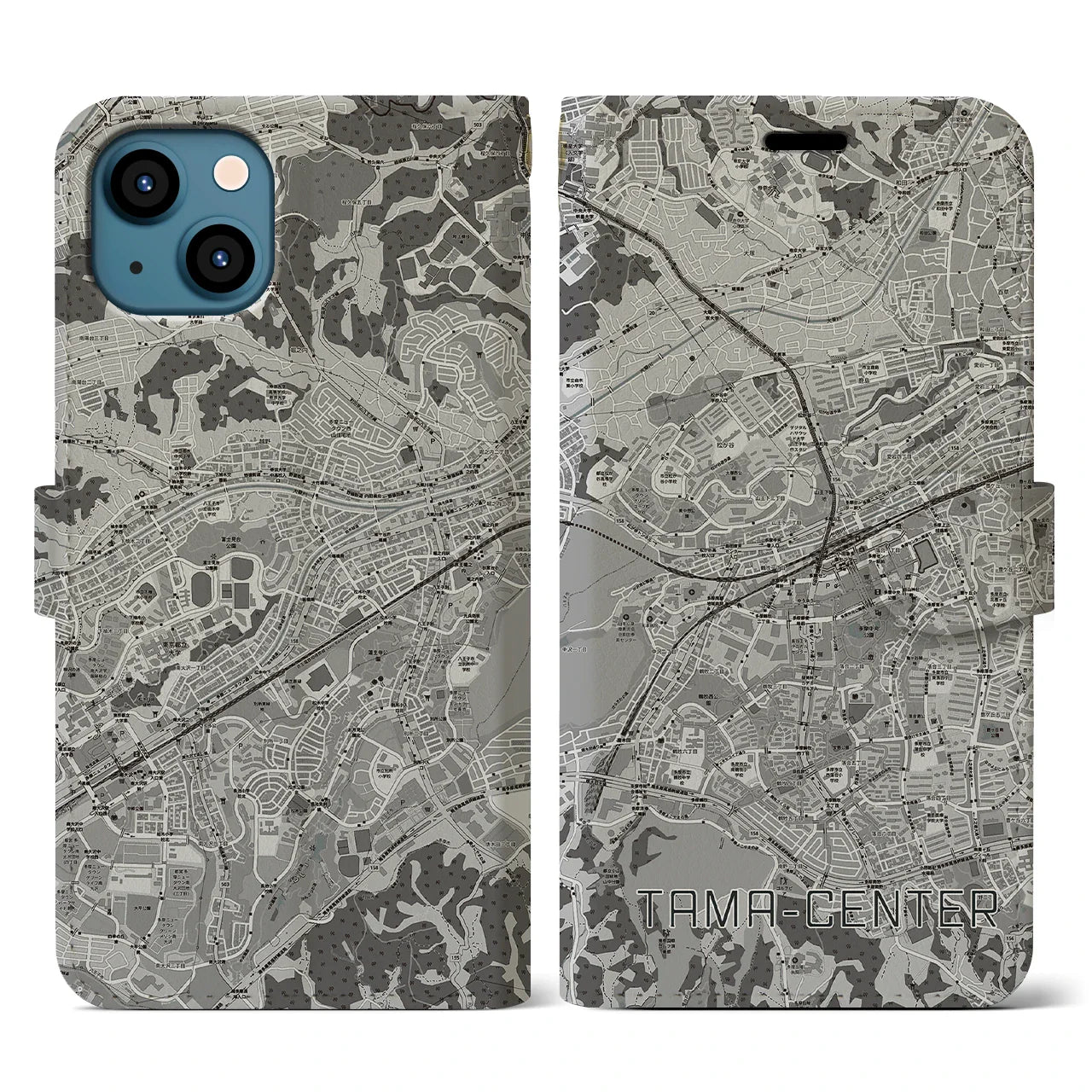 【多摩センター(東京都)】地図柄iPhoneケース(手帳タイプ)モノトーン・iPhone 13 用