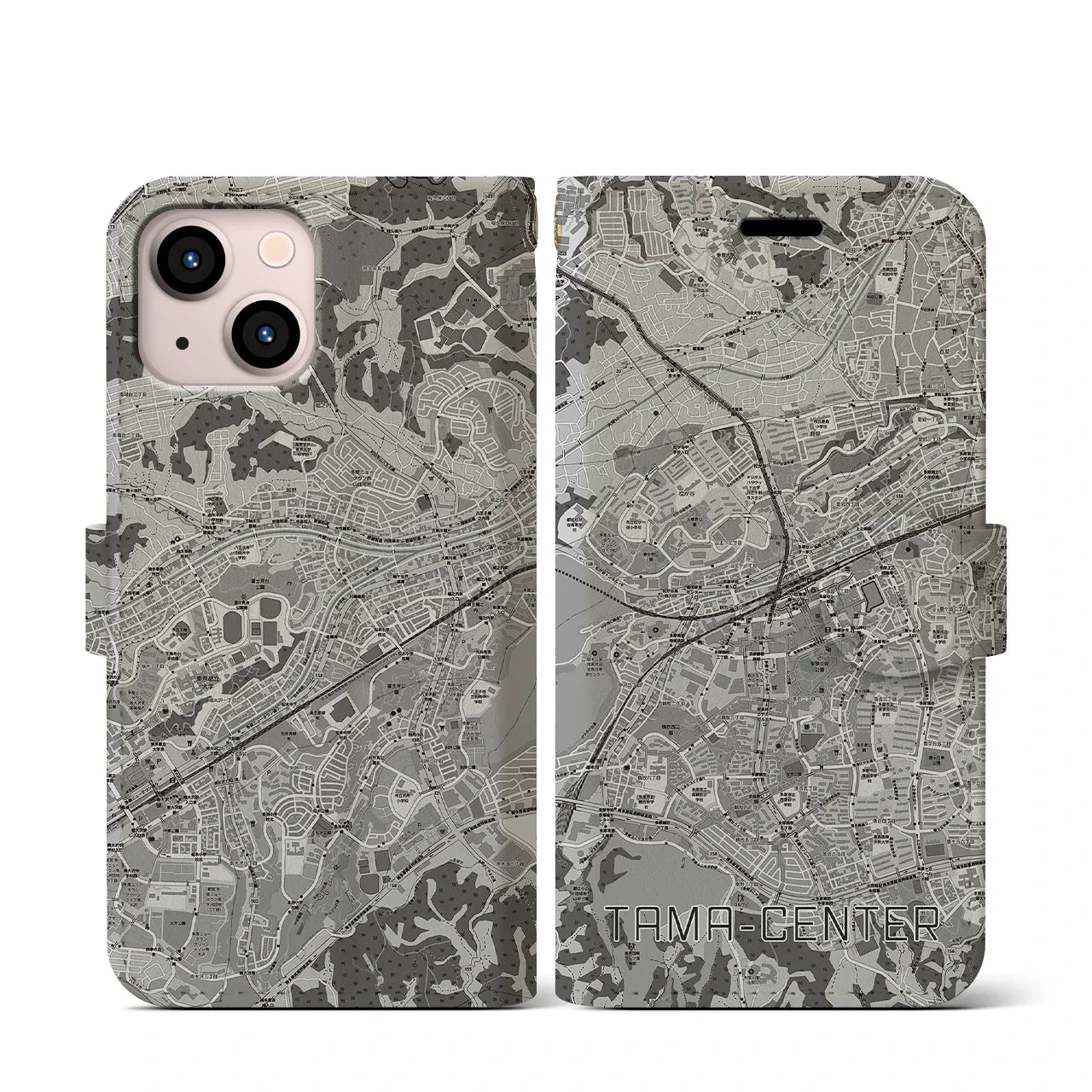 【多摩センター(東京都)】地図柄iPhoneケース(手帳タイプ)モノトーン・iPhone 13 mini 用