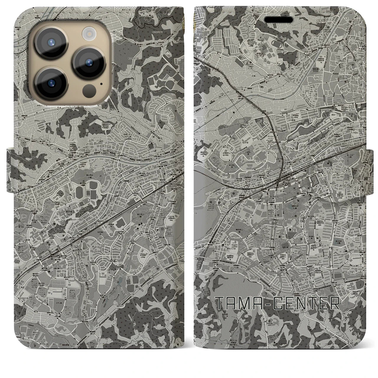 【多摩センター(東京都)】地図柄iPhoneケース(手帳タイプ)モノトーン・iPhone 14 Pro Max 用