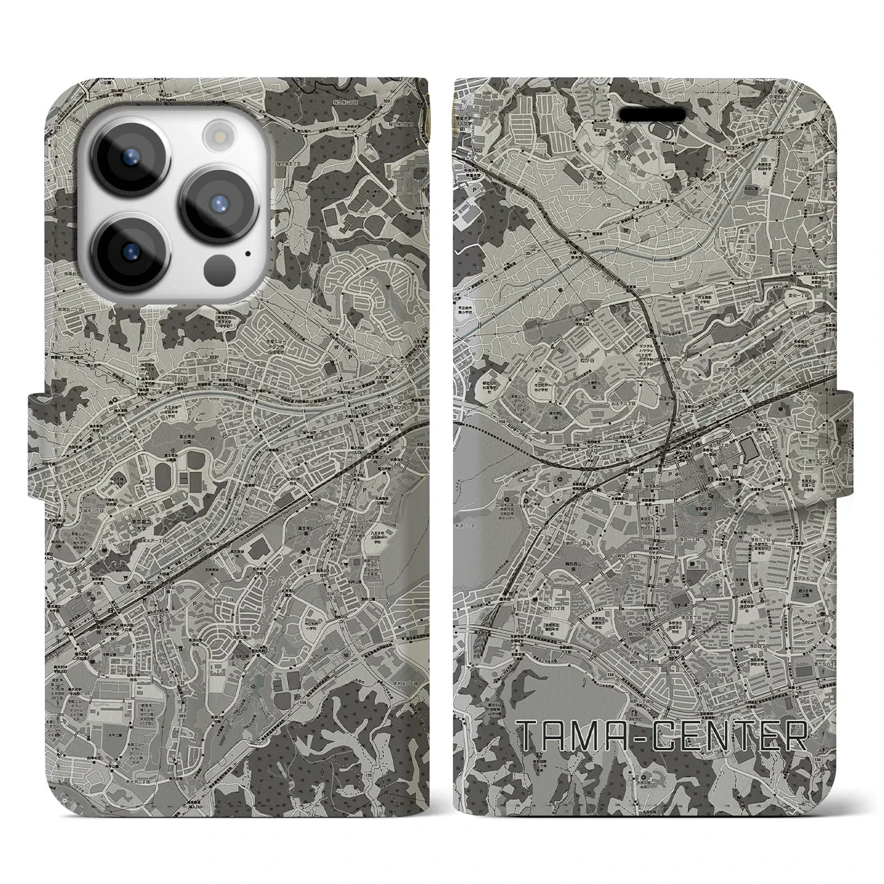 【多摩センター(東京都)】地図柄iPhoneケース(手帳タイプ)モノトーン・iPhone 14 Pro 用