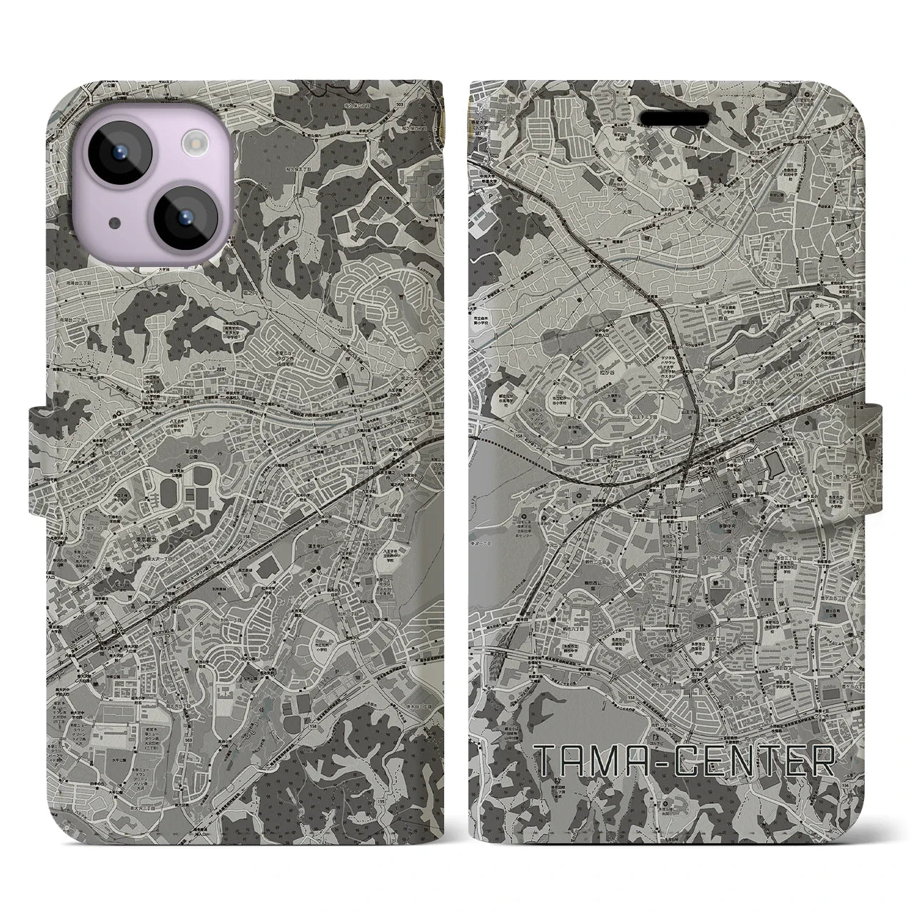 【多摩センター(東京都)】地図柄iPhoneケース(手帳タイプ)モノトーン・iPhone 14 用