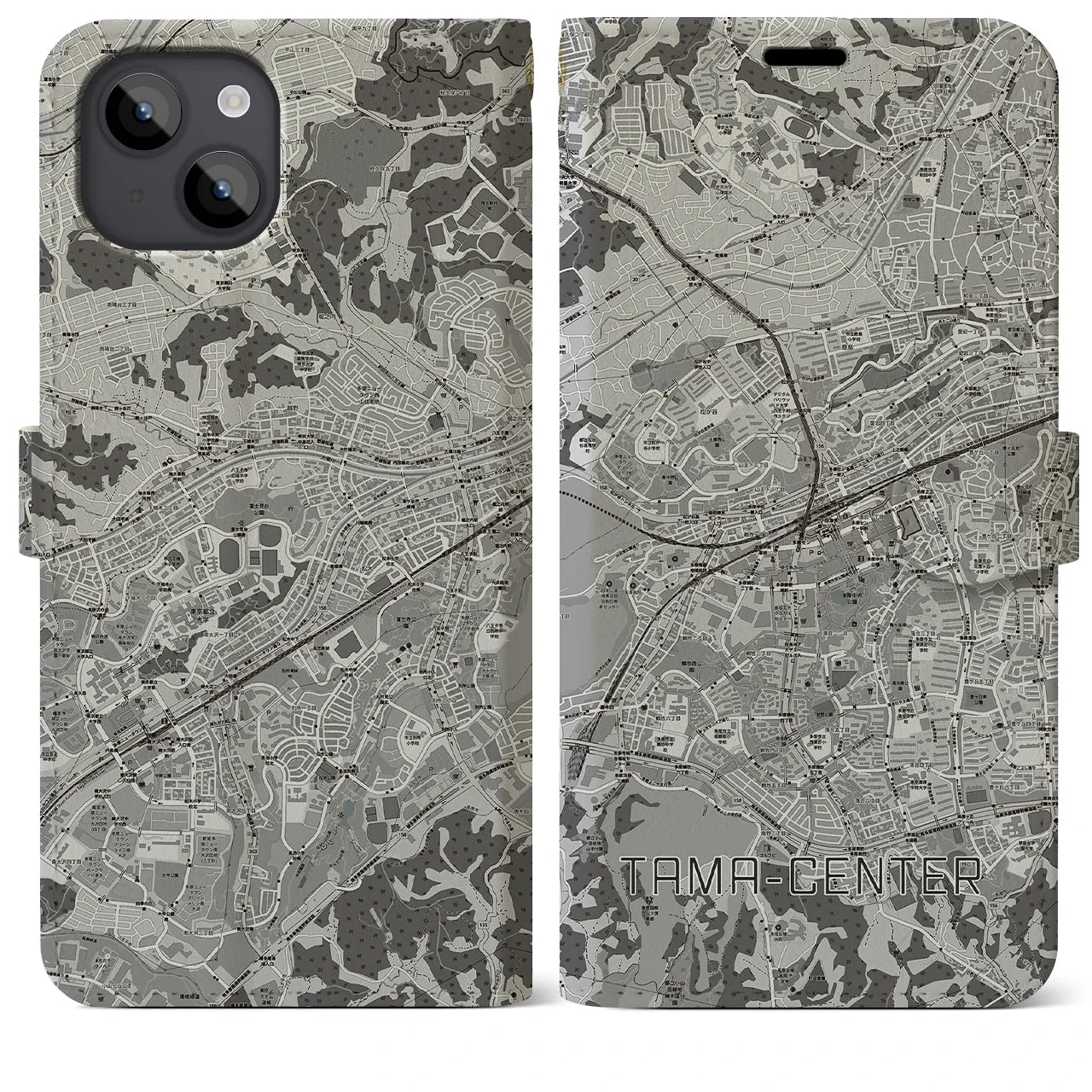 【多摩センター(東京都)】地図柄iPhoneケース(手帳タイプ)モノトーン・iPhone 14 Plus 用