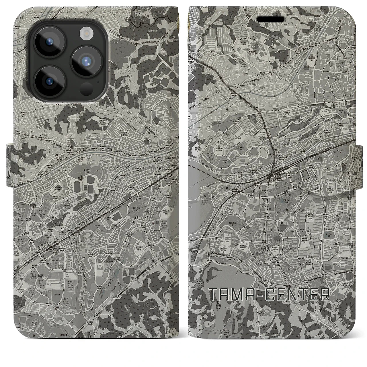 【多摩センター(東京都)】地図柄iPhoneケース(手帳タイプ)モノトーン・iPhone 15 Pro Max 用