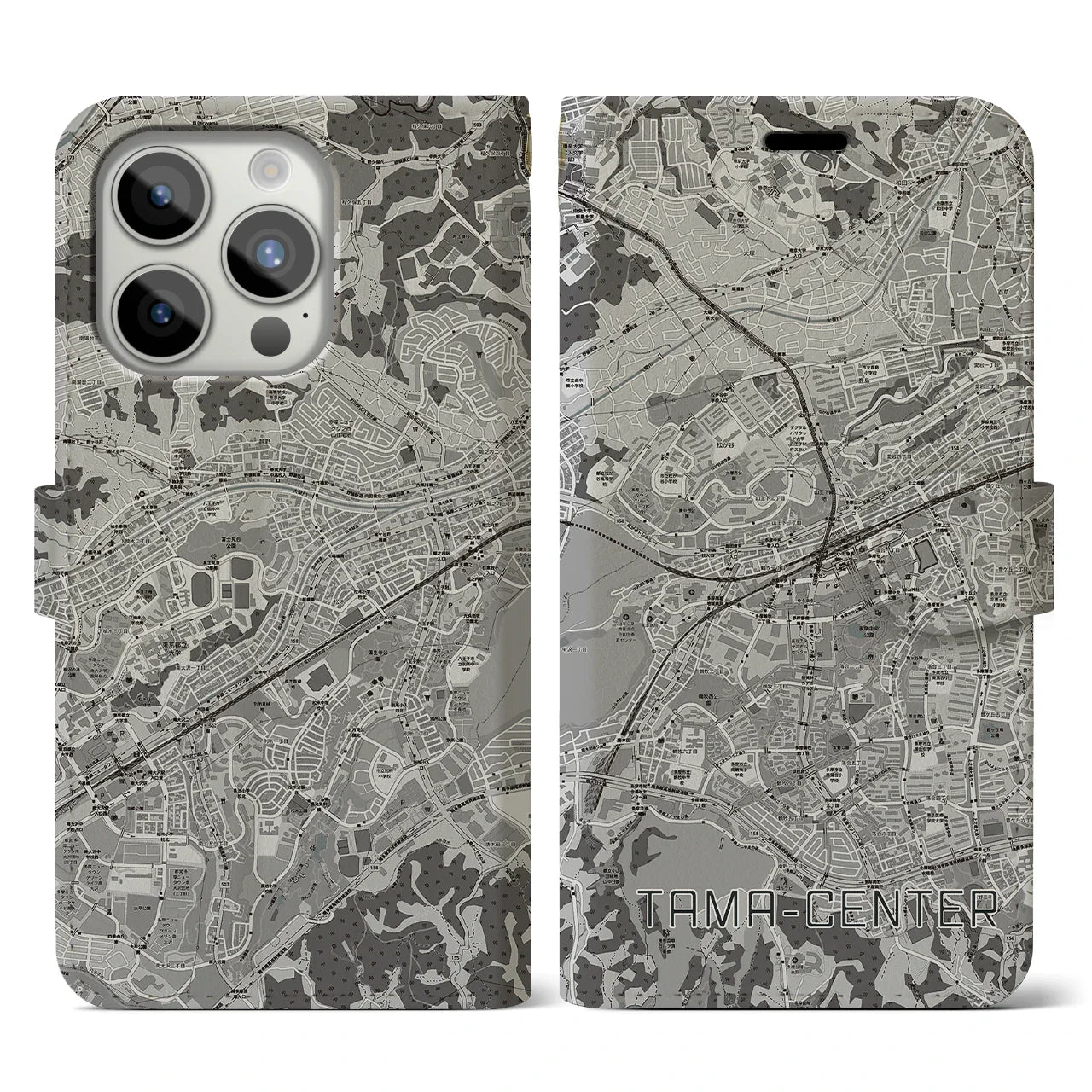 【多摩センター(東京都)】地図柄iPhoneケース(手帳タイプ)モノトーン・iPhone 15 Pro 用