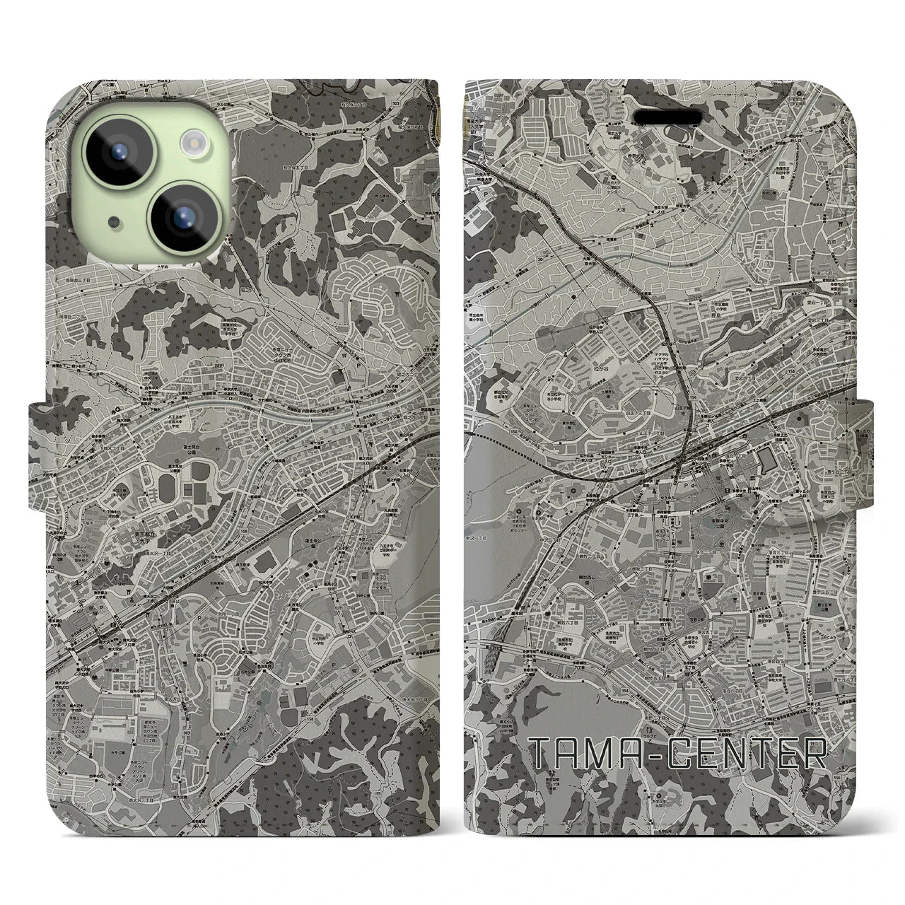 【多摩センター(東京都)】地図柄iPhoneケース(手帳タイプ)モノトーン・iPhone 15 用