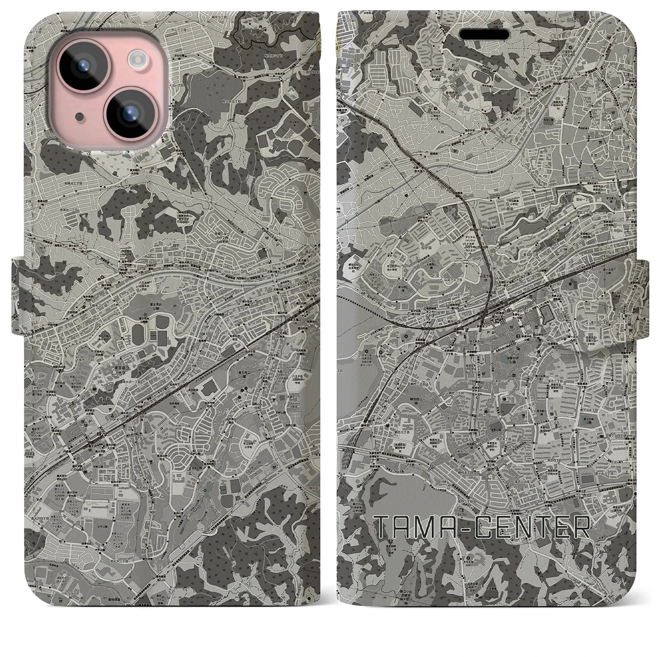 【多摩センター(東京都)】地図柄iPhoneケース(手帳タイプ)モノトーン・iPhone 15 Plus 用