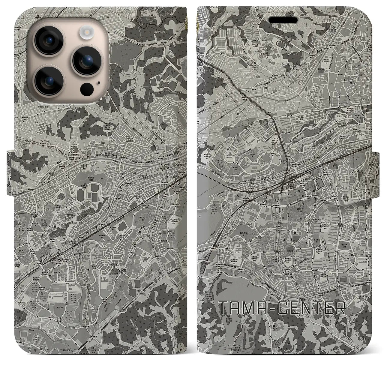 【多摩センター(東京都)】地図柄iPhoneケース(手帳タイプ)モノトーン・iPhone 16 Plus 用