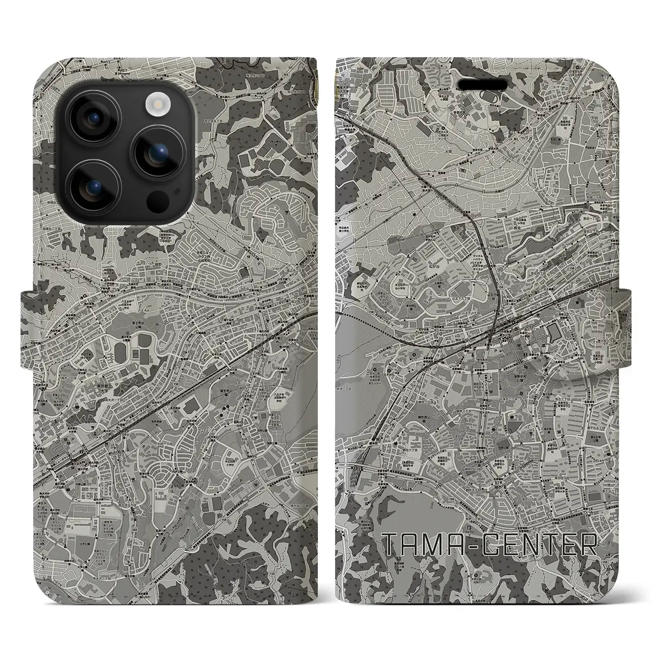 【多摩センター(東京都)】地図柄iPhoneケース(手帳タイプ)モノトーン・iPhone 16 用