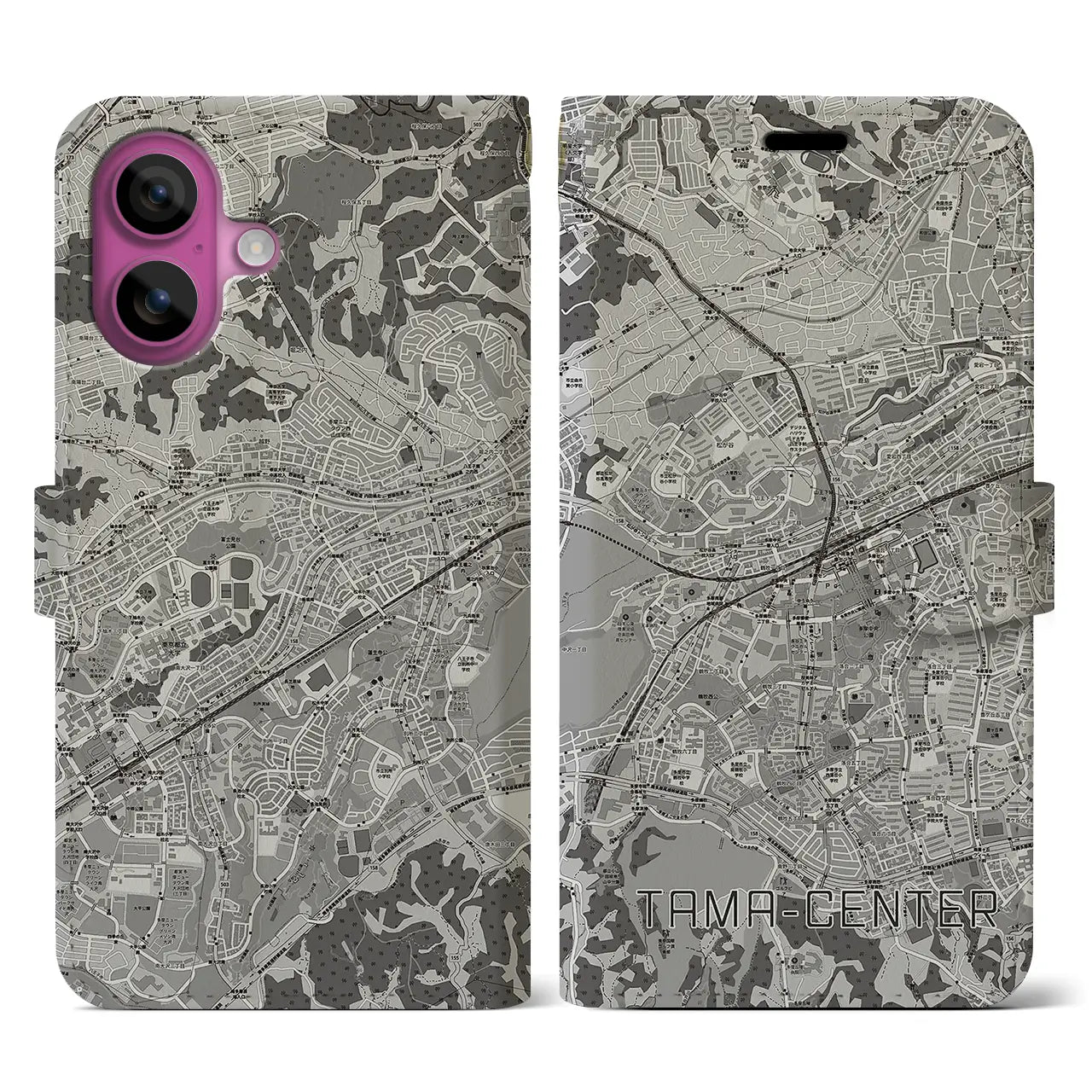 【多摩センター(東京都)】地図柄iPhoneケース(手帳タイプ)モノトーン・iPhone 16 Pro 用