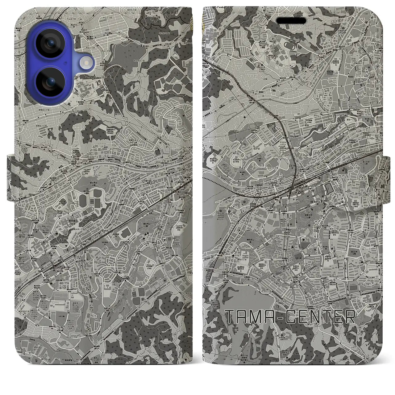 【多摩センター(東京都)】地図柄iPhoneケース(手帳タイプ)モノトーン・iPhone 16 Pro Max 用