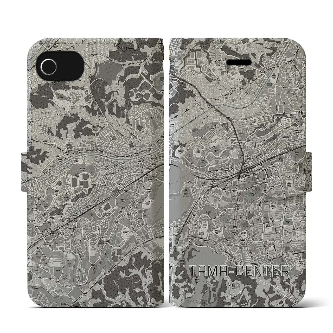 【多摩センター(東京都)】地図柄iPhoneケース(手帳タイプ)モノトーン・iPhone SE(第3 / 第2世代) / 8 / 7 / 6s / 6 用