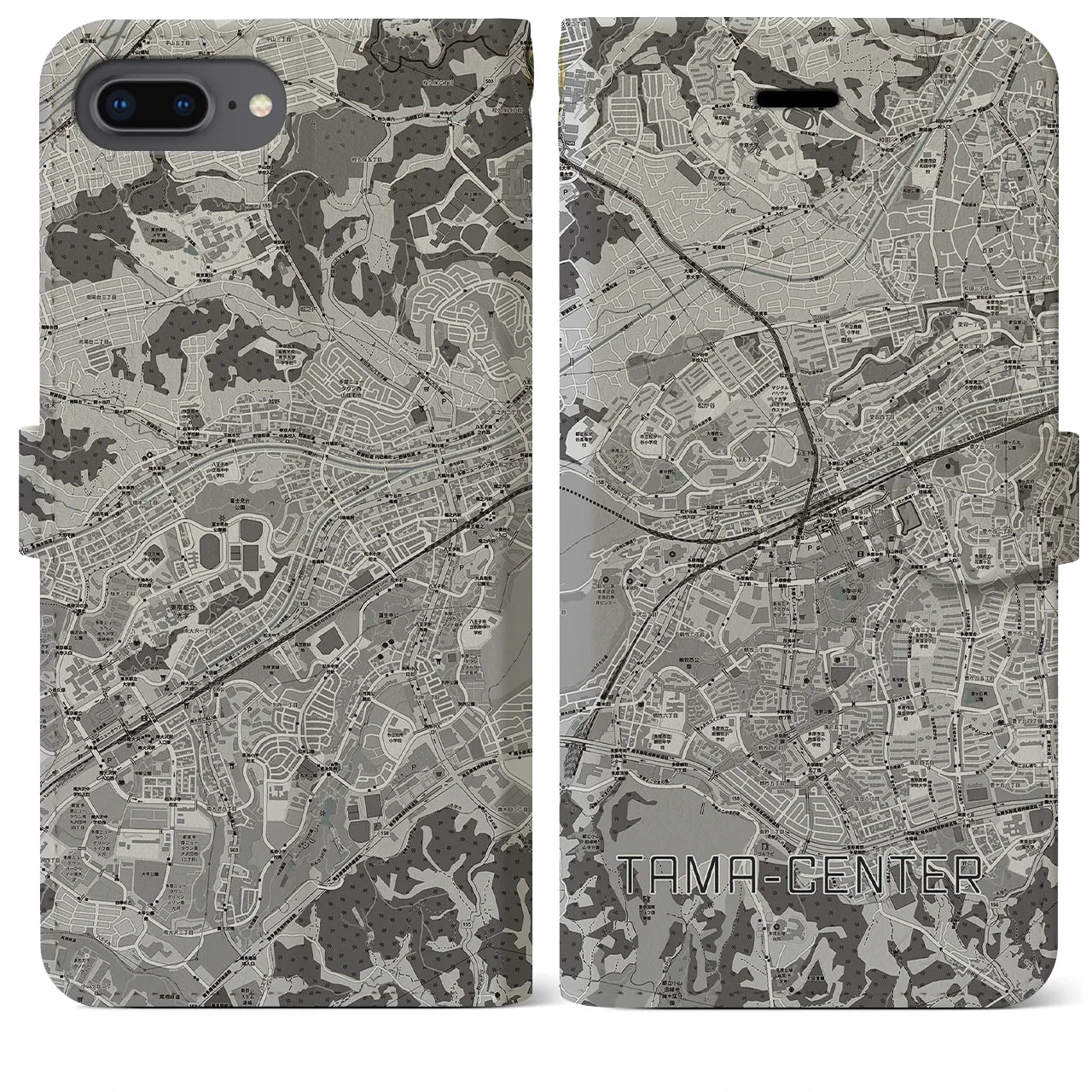 【多摩センター(東京都)】地図柄iPhoneケース(手帳タイプ)モノトーン・iPhone 8Plus /7Plus / 6sPlus / 6Plus 用