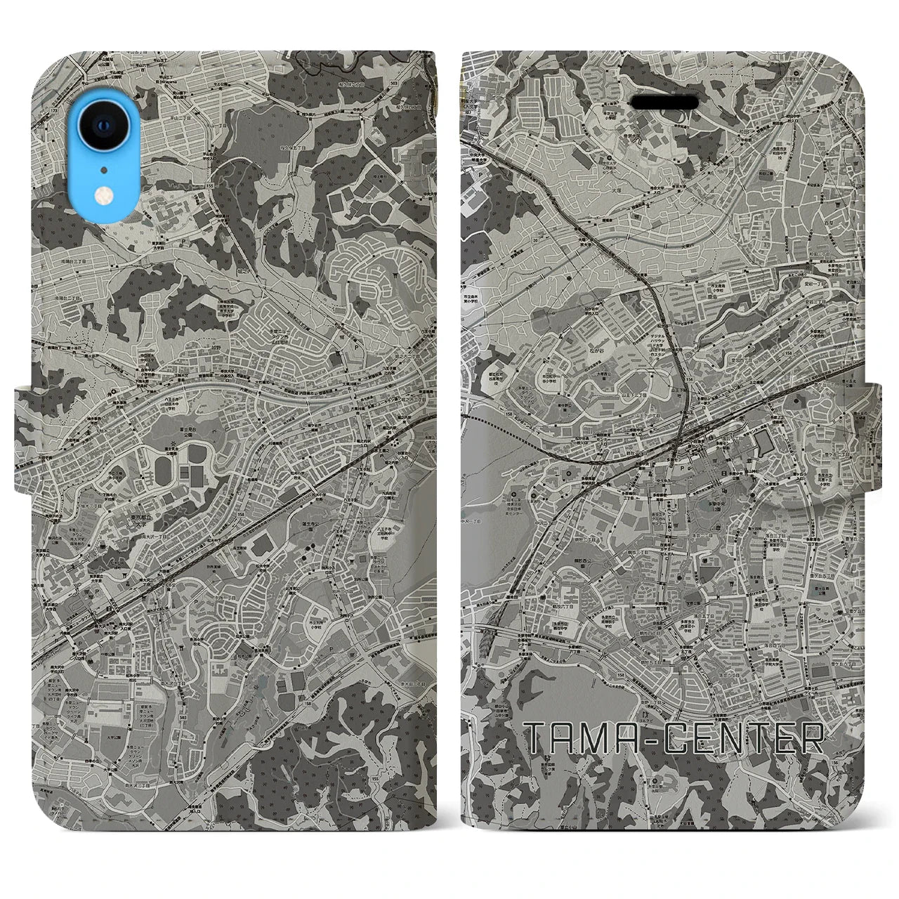 【多摩センター(東京都)】地図柄iPhoneケース(手帳タイプ)モノトーン・iPhone XR 用