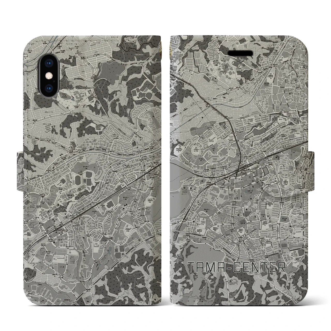 【多摩センター(東京都)】地図柄iPhoneケース(手帳タイプ)モノトーン・iPhone XS / X 用