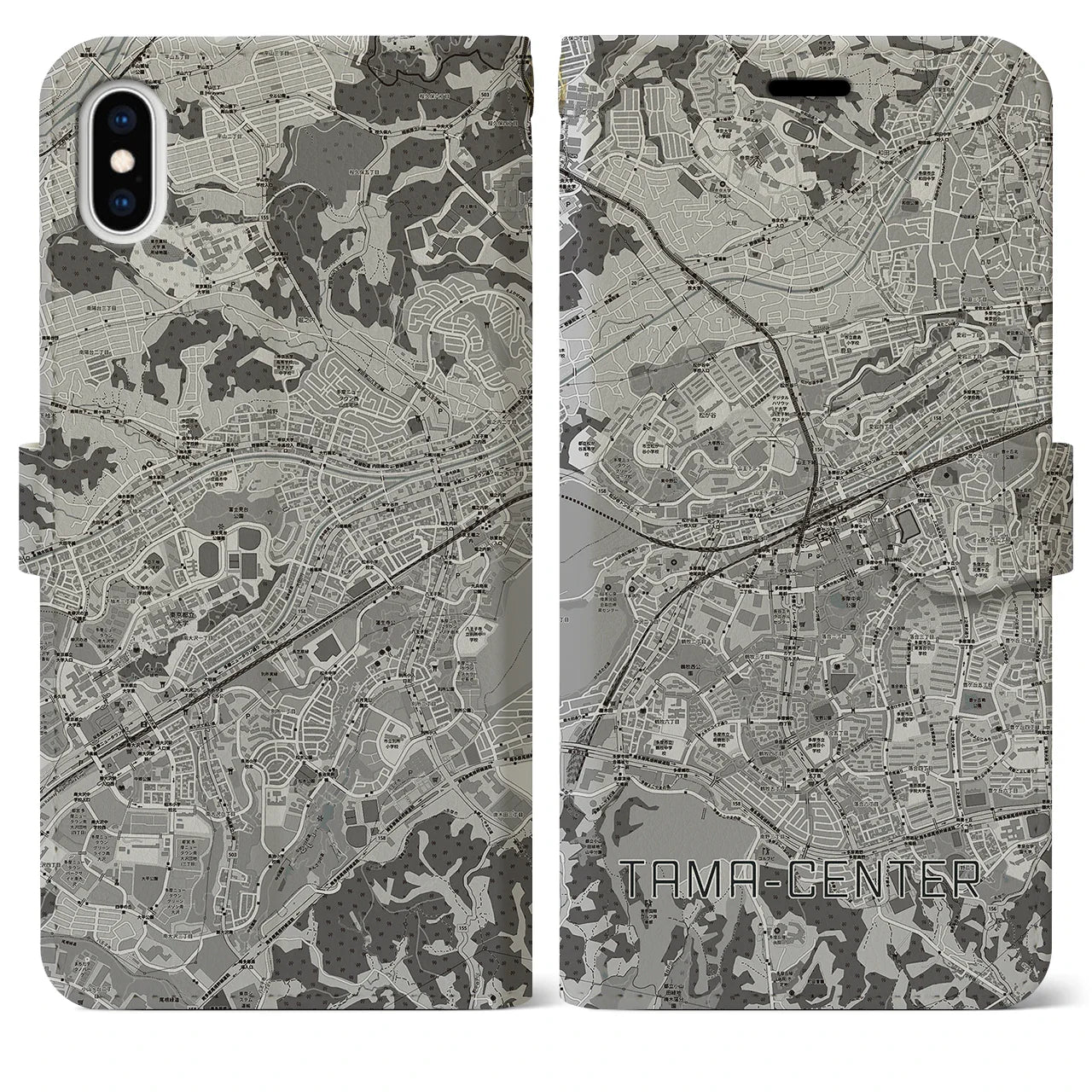 【多摩センター(東京都)】地図柄iPhoneケース(手帳タイプ)モノトーン・iPhone XS Max 用