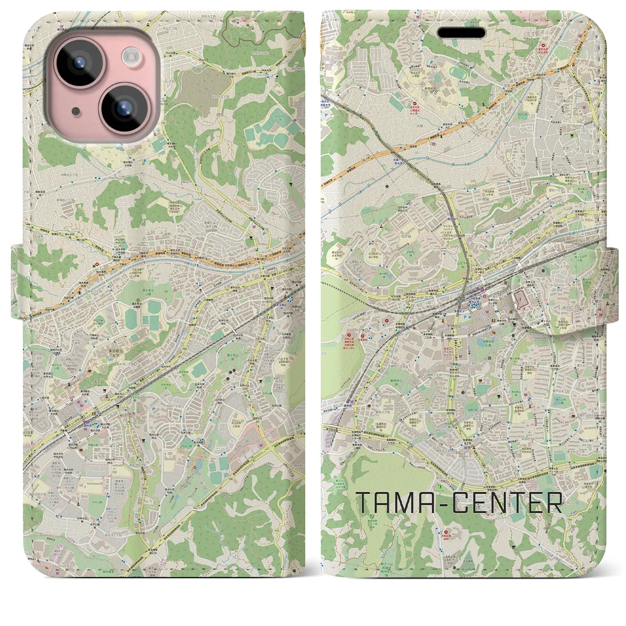 【多摩センター(東京都)】地図柄iPhoneケース(手帳タイプ)ナチュラル・iPhone 15 Plus 用