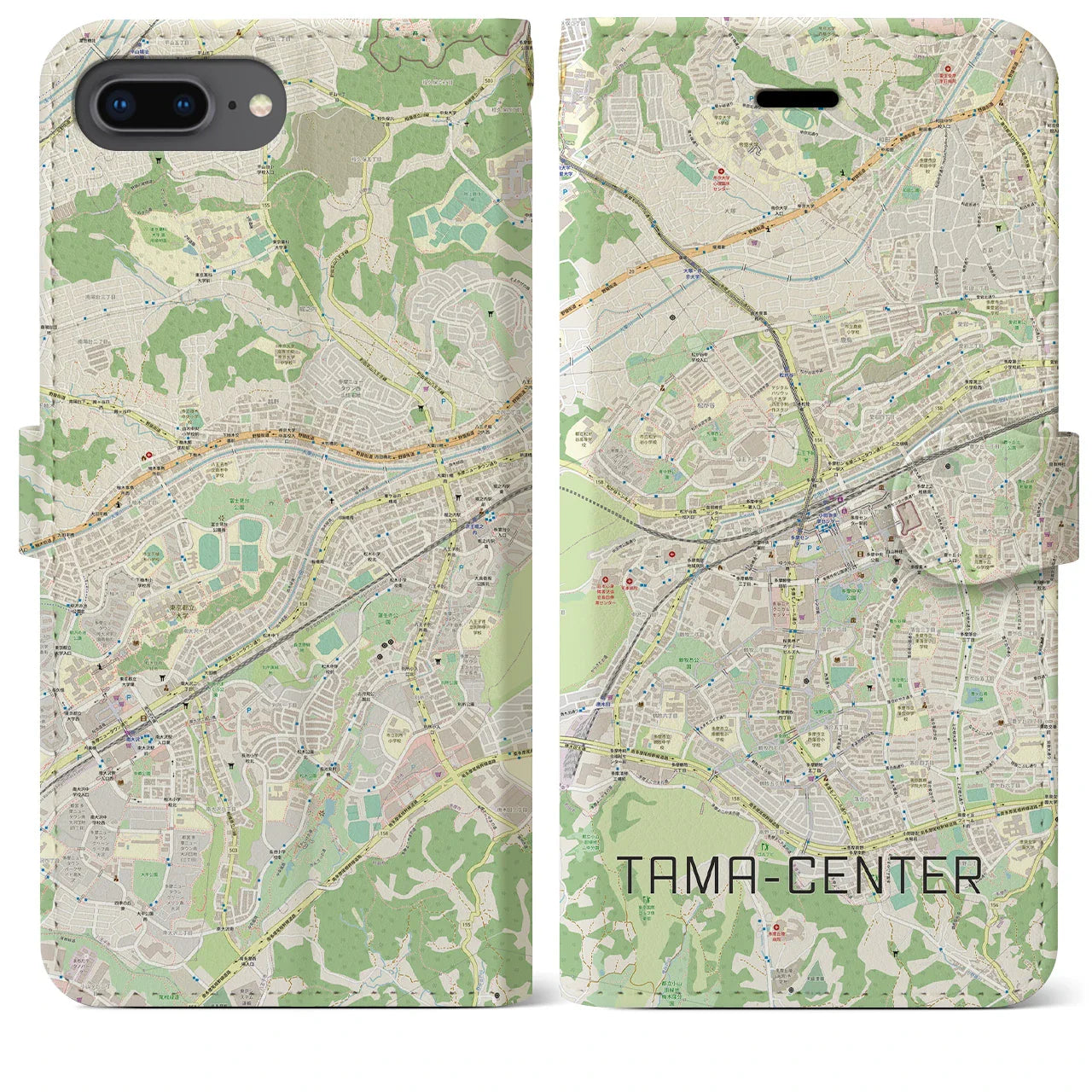 【多摩センター(東京都)】地図柄iPhoneケース(手帳タイプ)ナチュラル・iPhone 8Plus /7Plus / 6sPlus / 6Plus 用