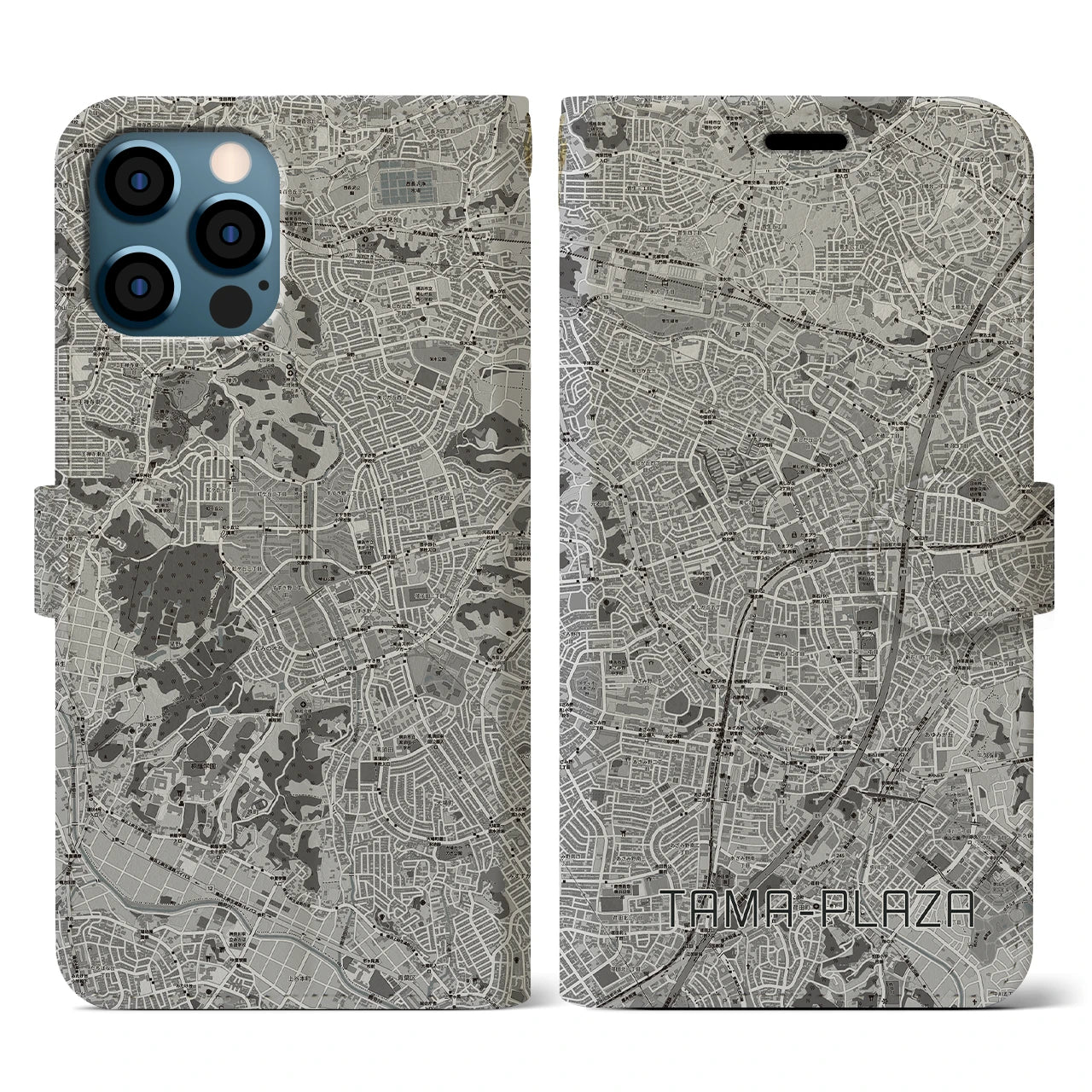 【たまプラーザ(神奈川県)】地図柄iPhoneケース(手帳タイプ)モノトーン・iPhone 12 / 12 Pro 用