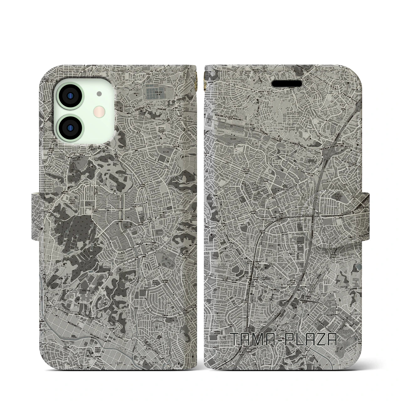 【たまプラーザ(神奈川県)】地図柄iPhoneケース(手帳タイプ)モノトーン・iPhone 12 mini 用