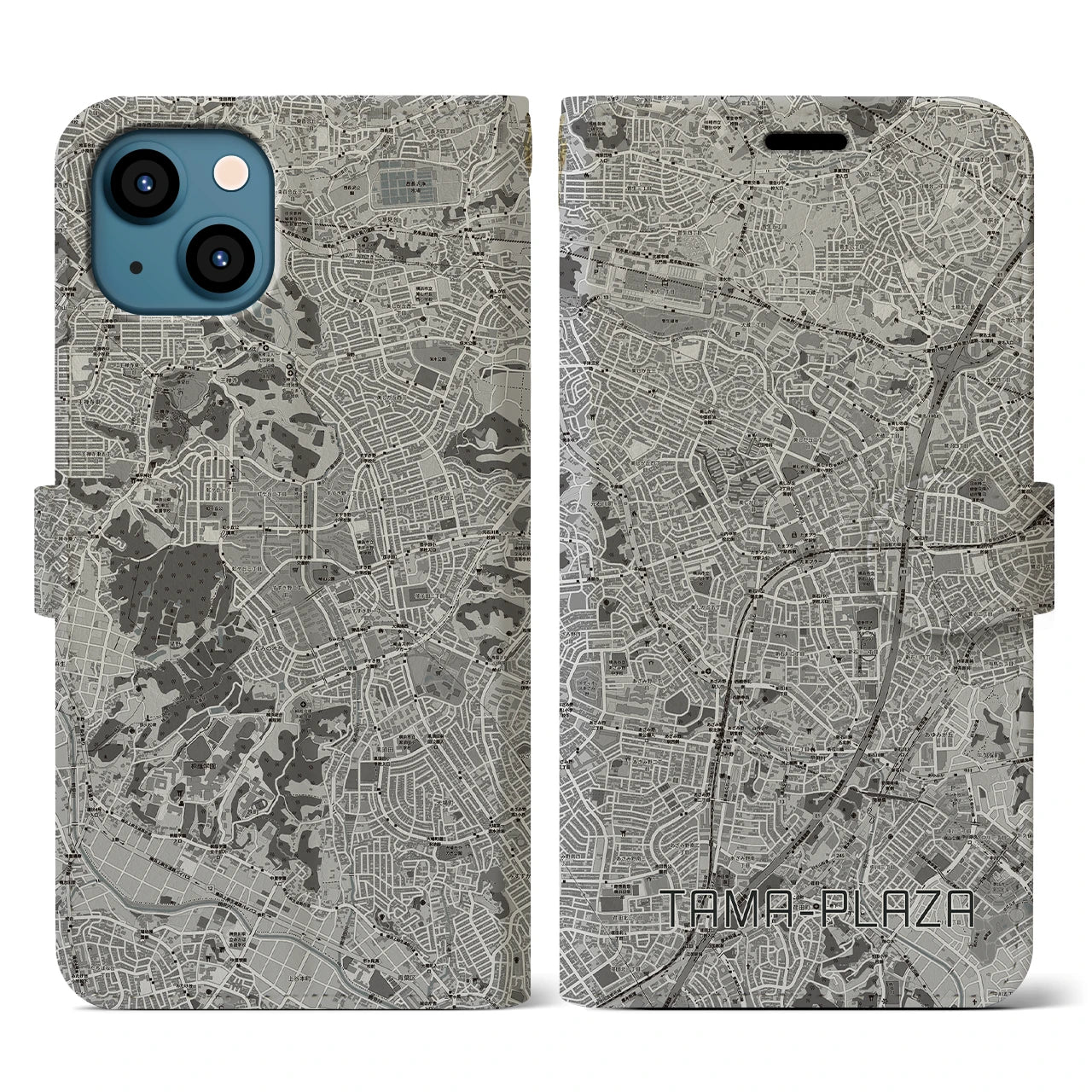 【たまプラーザ(神奈川県)】地図柄iPhoneケース(手帳タイプ)モノトーン・iPhone 13 用