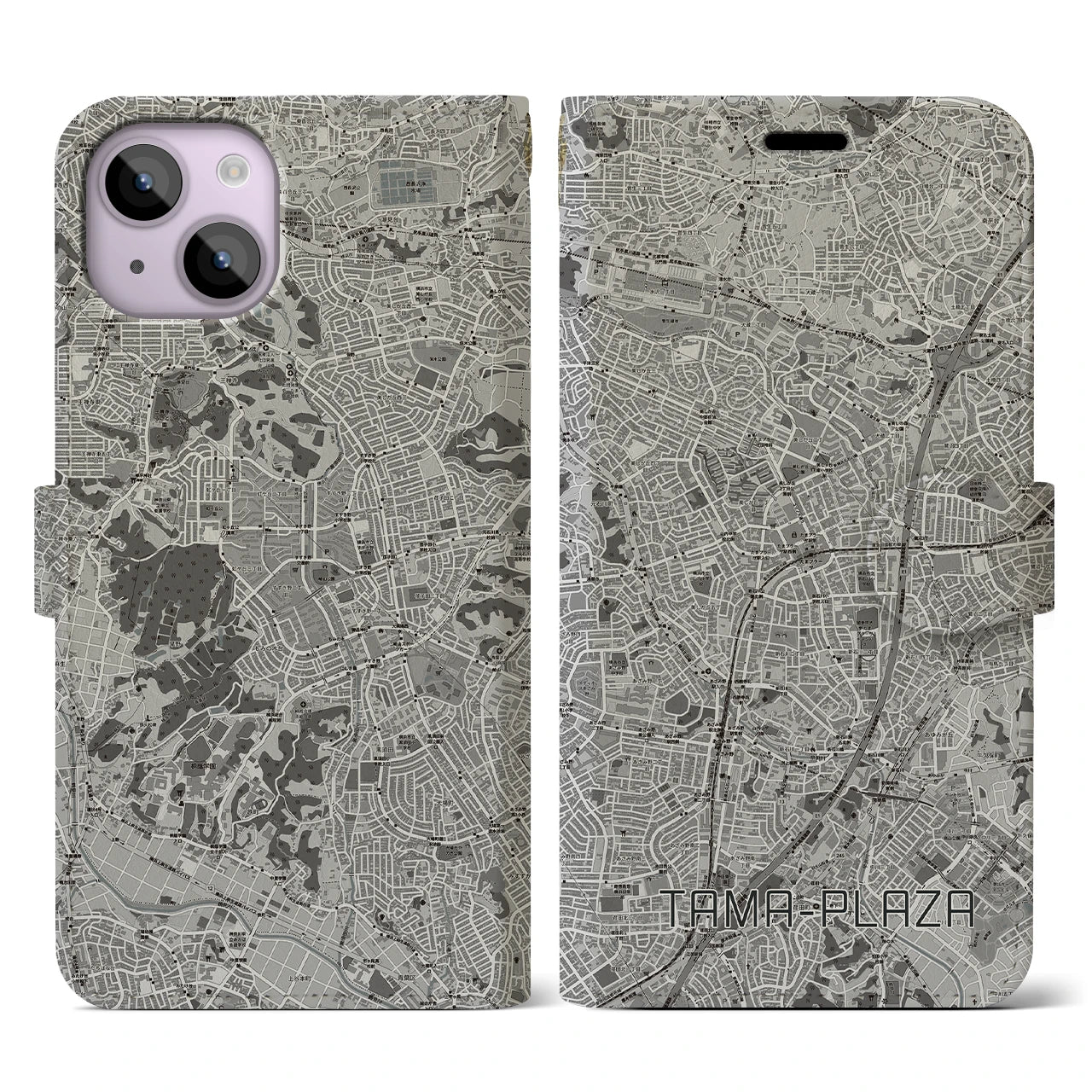【たまプラーザ(神奈川県)】地図柄iPhoneケース(手帳タイプ)モノトーン・iPhone 14 用