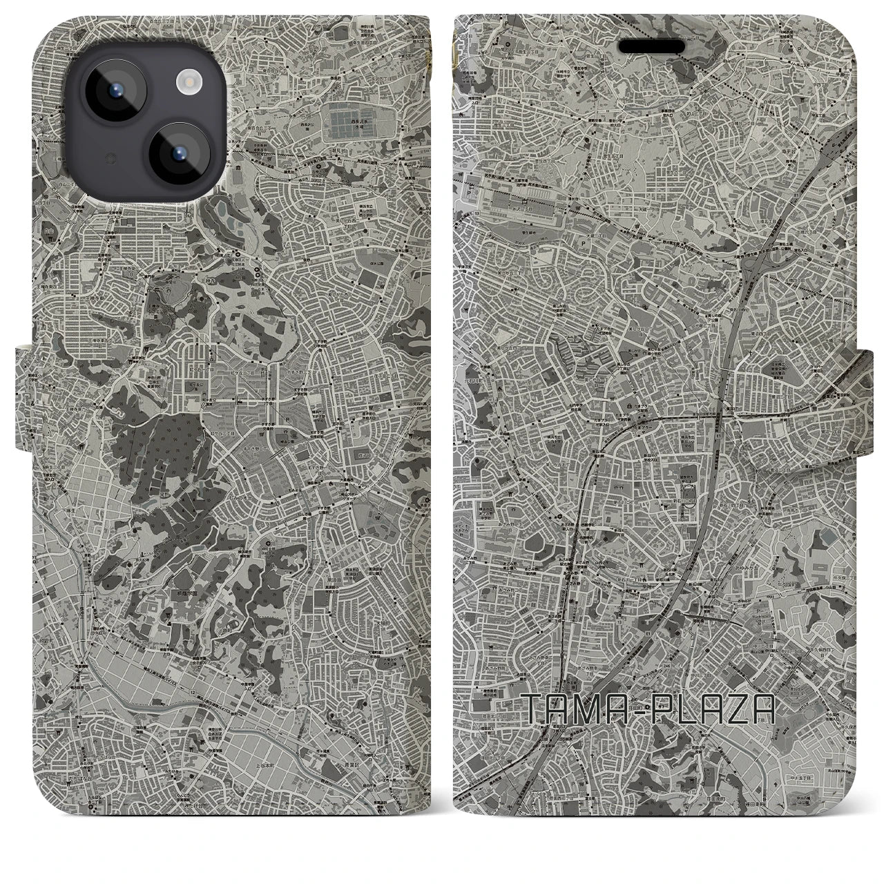 【たまプラーザ(神奈川県)】地図柄iPhoneケース(手帳タイプ)モノトーン・iPhone 14 Plus 用