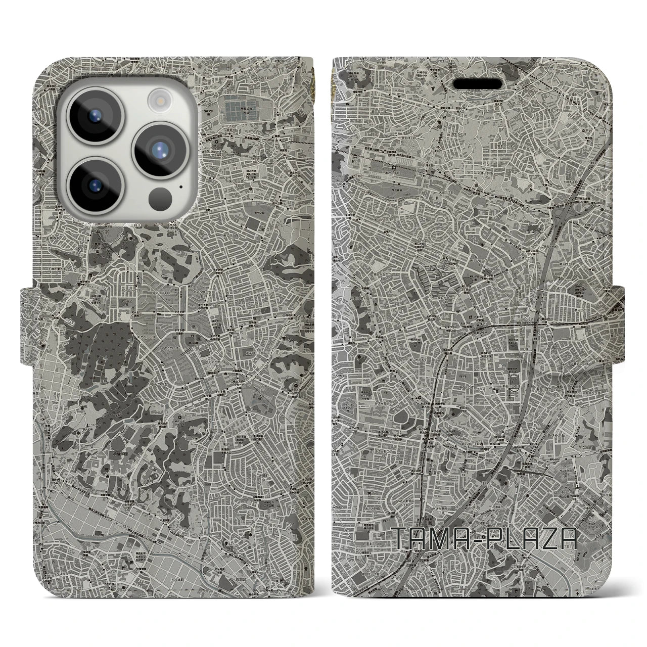 【たまプラーザ(神奈川県)】地図柄iPhoneケース(手帳タイプ)モノトーン・iPhone 15 Pro 用