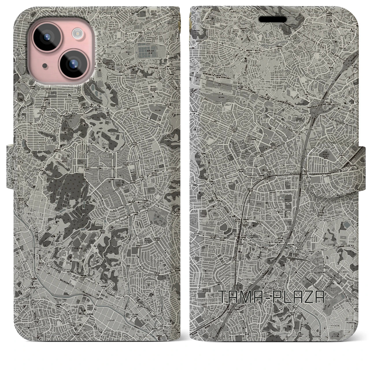 【たまプラーザ(神奈川県)】地図柄iPhoneケース(手帳タイプ)モノトーン・iPhone 15 Plus 用