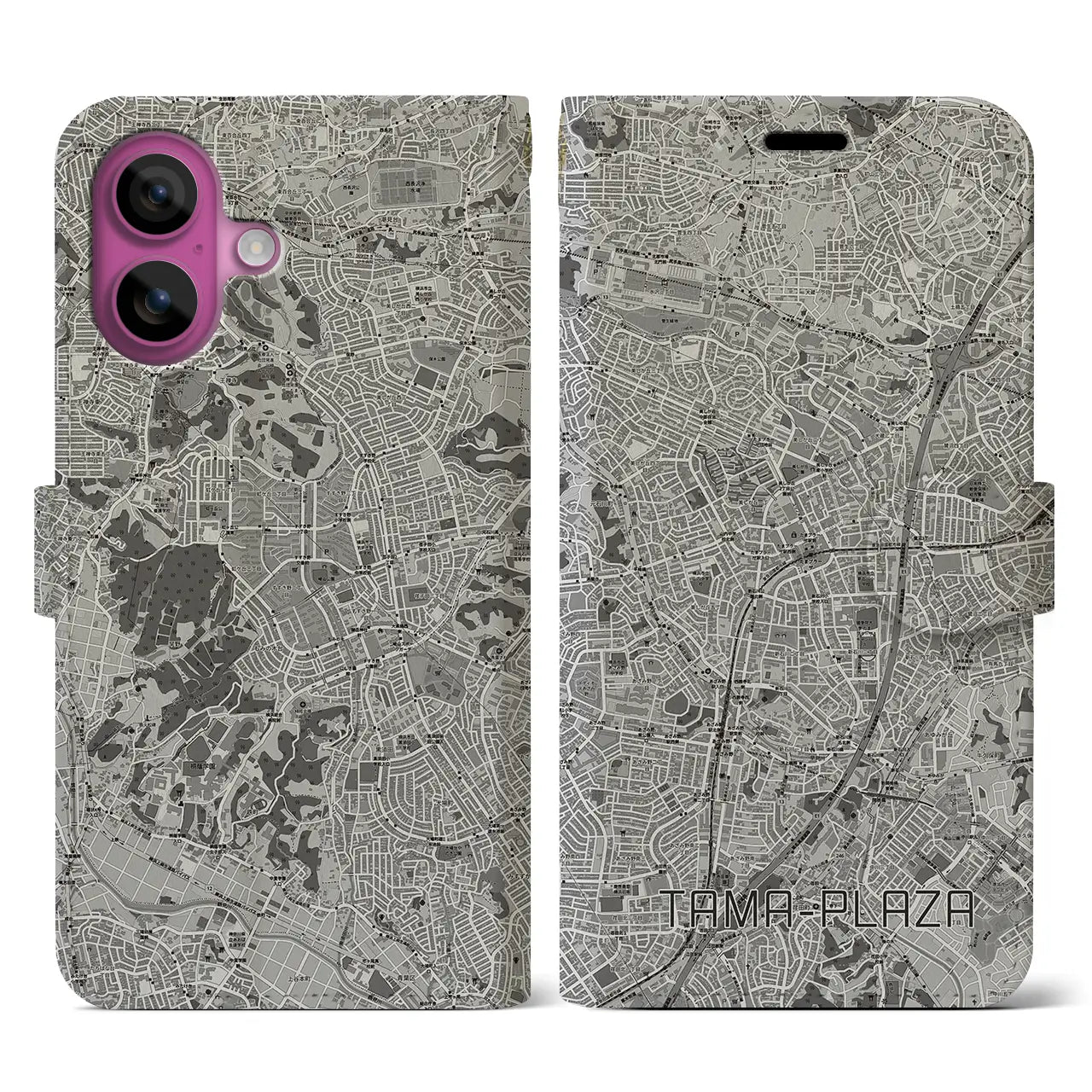 【たまプラーザ(神奈川県)】地図柄iPhoneケース(手帳タイプ)モノトーン・iPhone 16 Pro 用