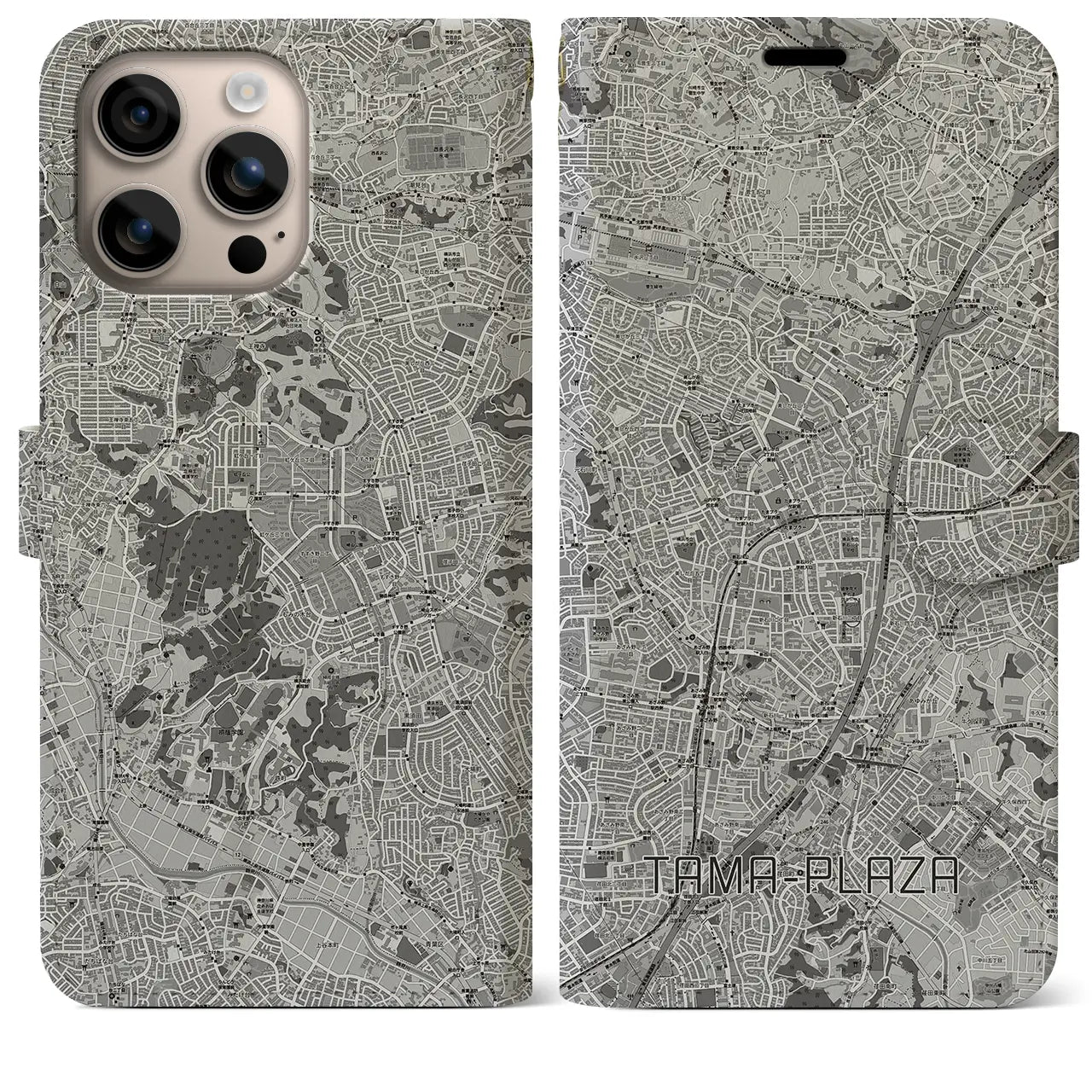 【たまプラーザ(神奈川県)】地図柄iPhoneケース(手帳タイプ)モノトーン・iPhone 16 Plus 用