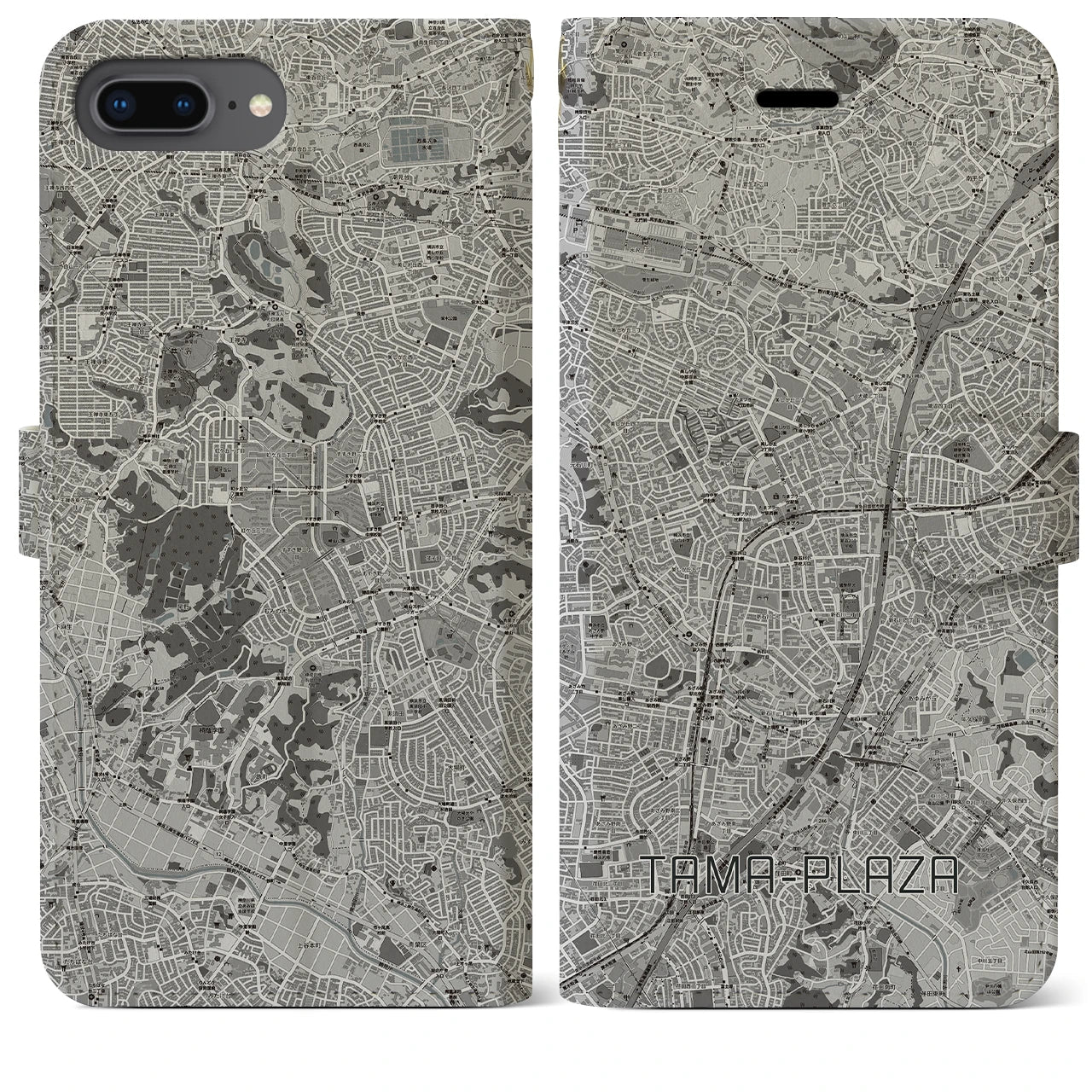 【たまプラーザ(神奈川県)】地図柄iPhoneケース(手帳タイプ)モノトーン・iPhone 8Plus /7Plus / 6sPlus / 6Plus 用