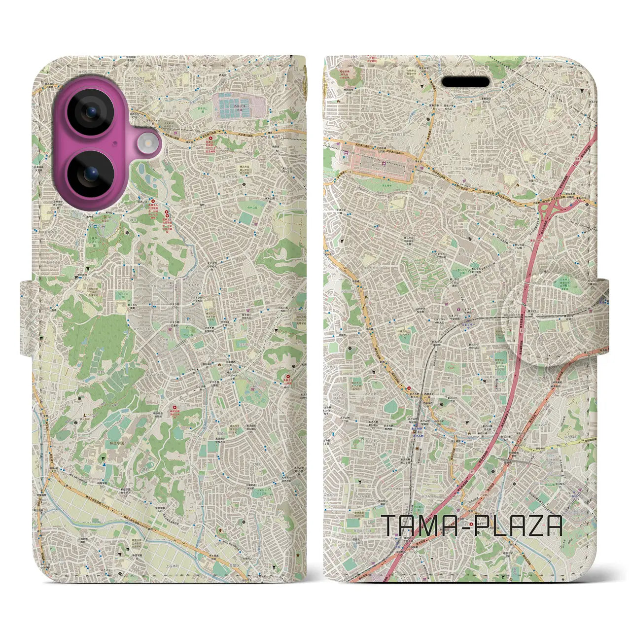 【たまプラーザ(神奈川県)】地図柄iPhoneケース(手帳タイプ)ナチュラル・iPhone 16 Pro 用