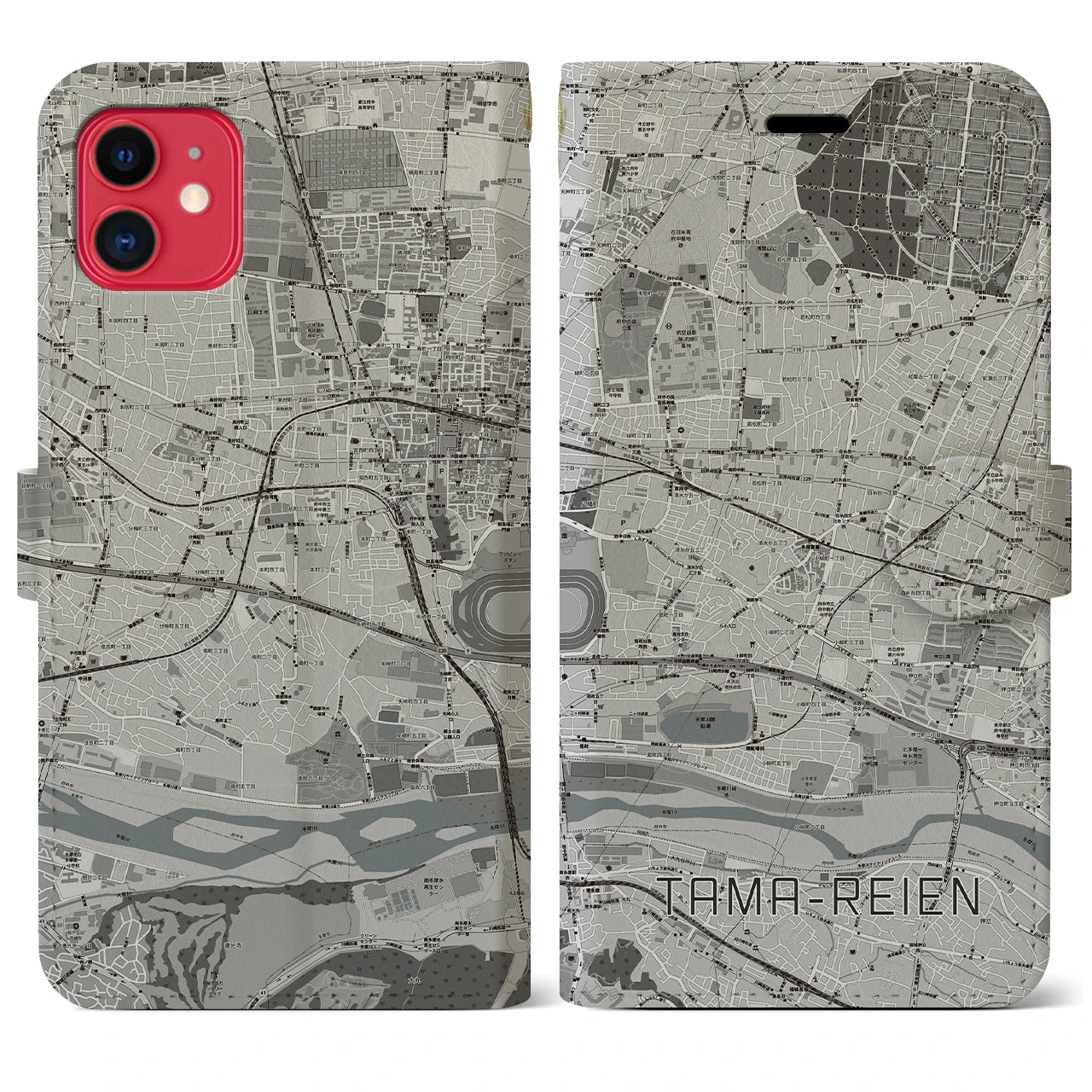 【多磨霊園(東京都)】地図柄iPhoneケース(手帳タイプ)モノトーン・iPhone 11 用