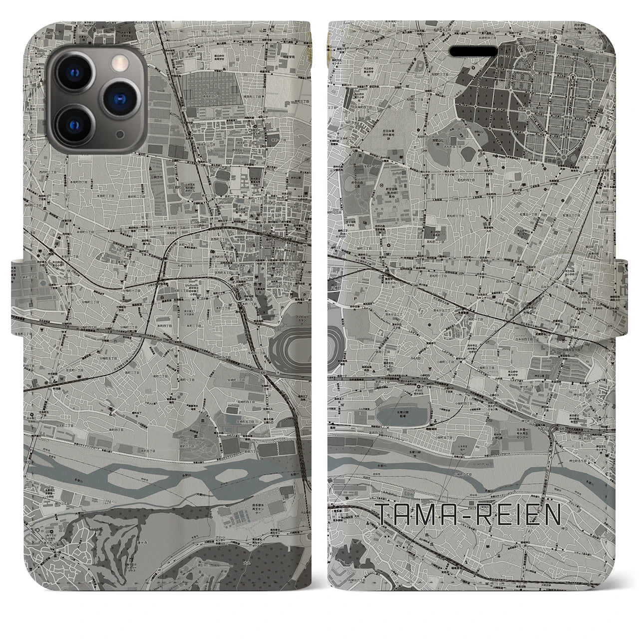【多磨霊園(東京都)】地図柄iPhoneケース(手帳タイプ)モノトーン・iPhone 11 Pro Max 用