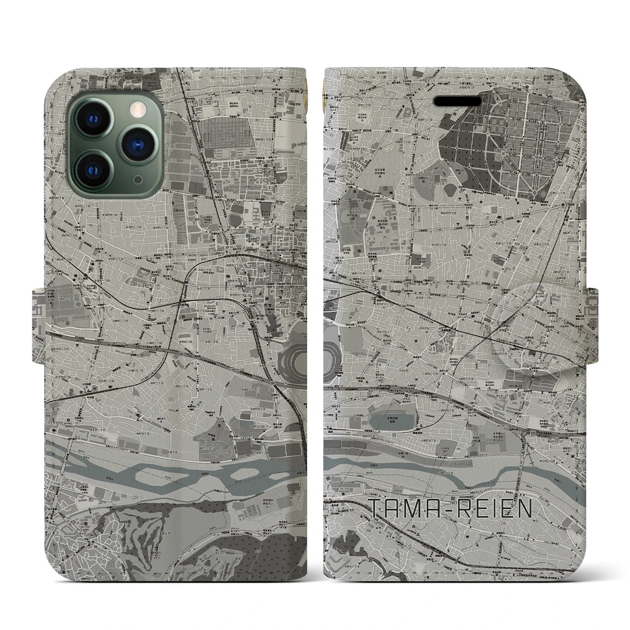 【多磨霊園(東京都)】地図柄iPhoneケース(手帳タイプ)モノトーン・iPhone 11 Pro 用