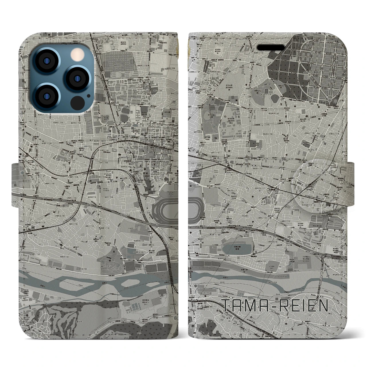 【多磨霊園(東京都)】地図柄iPhoneケース(手帳タイプ)モノトーン・iPhone 12 / 12 Pro 用