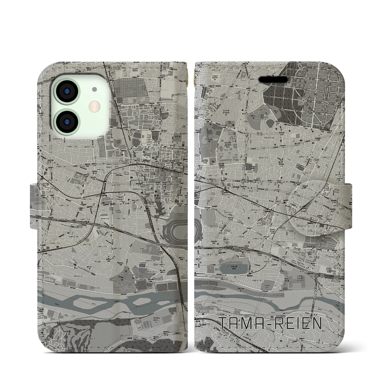 【多磨霊園(東京都)】地図柄iPhoneケース(手帳タイプ)モノトーン・iPhone 12 mini 用