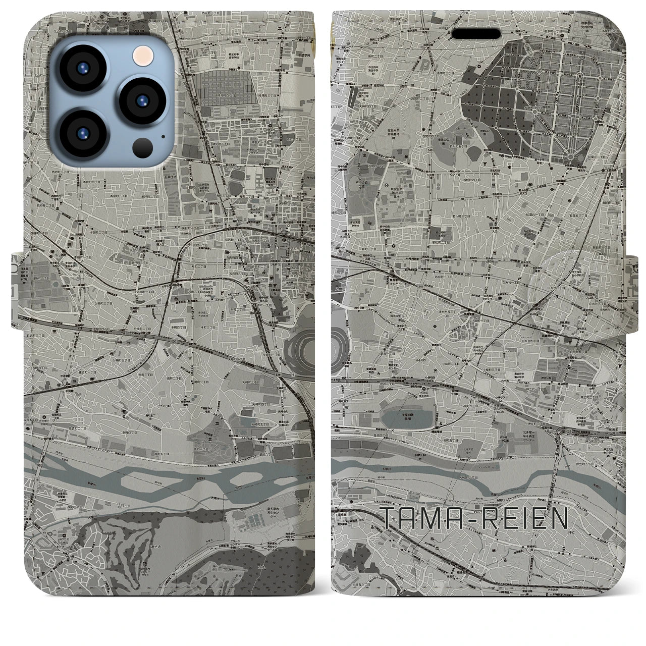 【多磨霊園(東京都)】地図柄iPhoneケース(手帳タイプ)モノトーン・iPhone 13 Pro Max 用