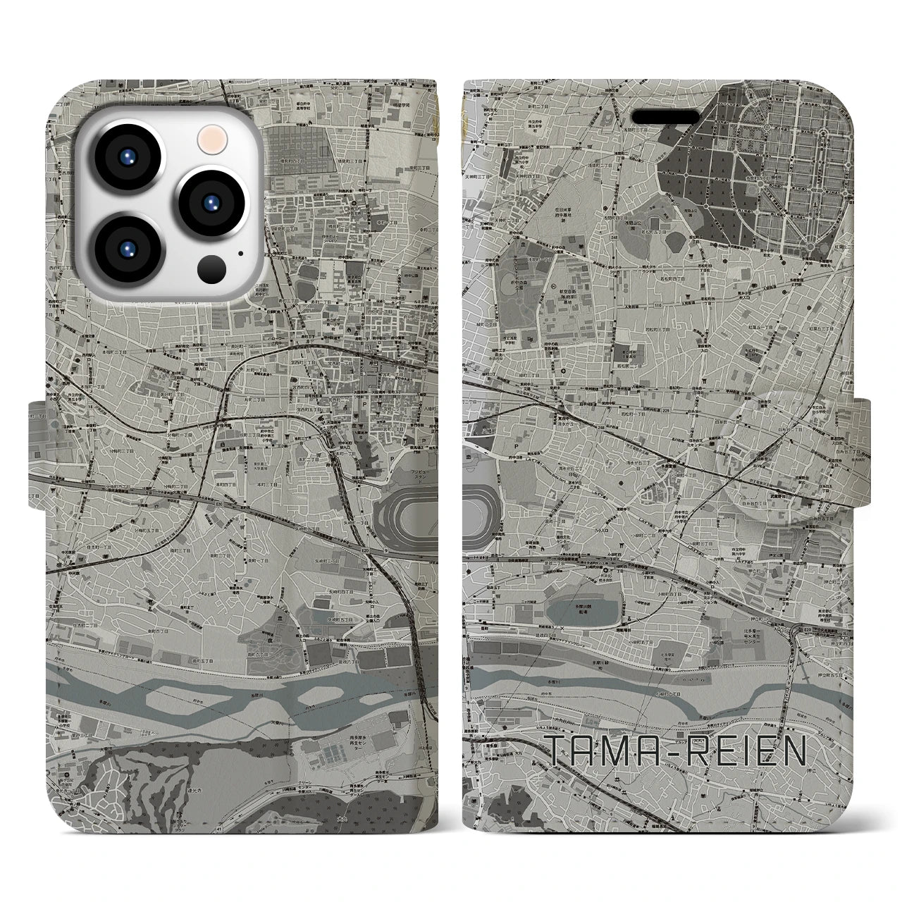 【多磨霊園(東京都)】地図柄iPhoneケース(手帳タイプ)モノトーン・iPhone 13 Pro 用