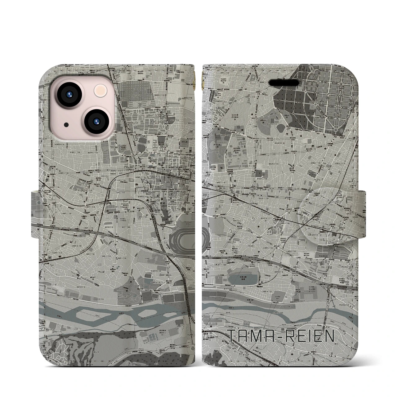 【多磨霊園(東京都)】地図柄iPhoneケース(手帳タイプ)モノトーン・iPhone 13 mini 用
