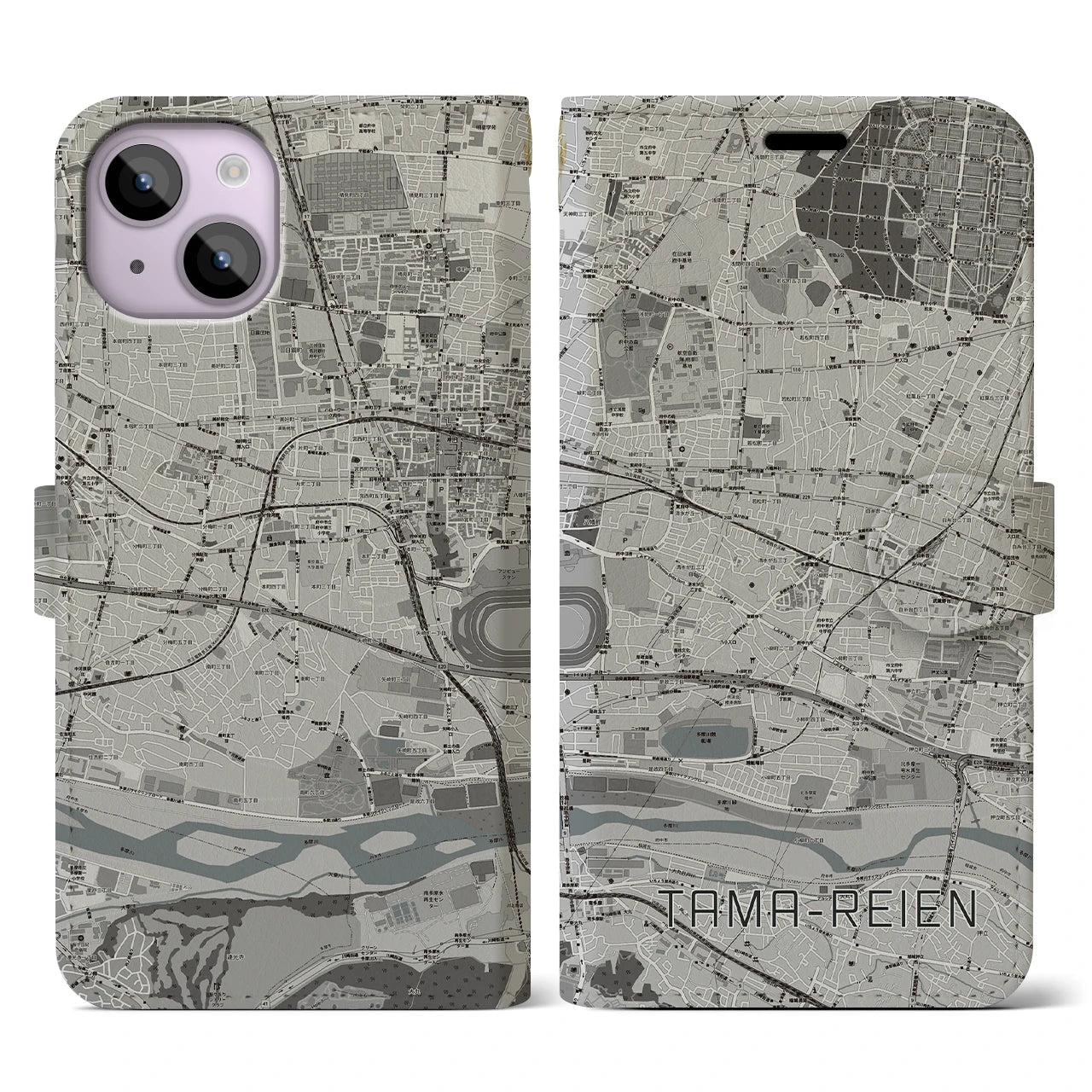 【多磨霊園(東京都)】地図柄iPhoneケース(手帳タイプ)モノトーン・iPhone 14 用