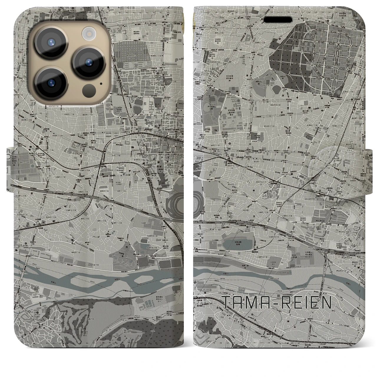 【多磨霊園(東京都)】地図柄iPhoneケース(手帳タイプ)モノトーン・iPhone 14 Pro Max 用
