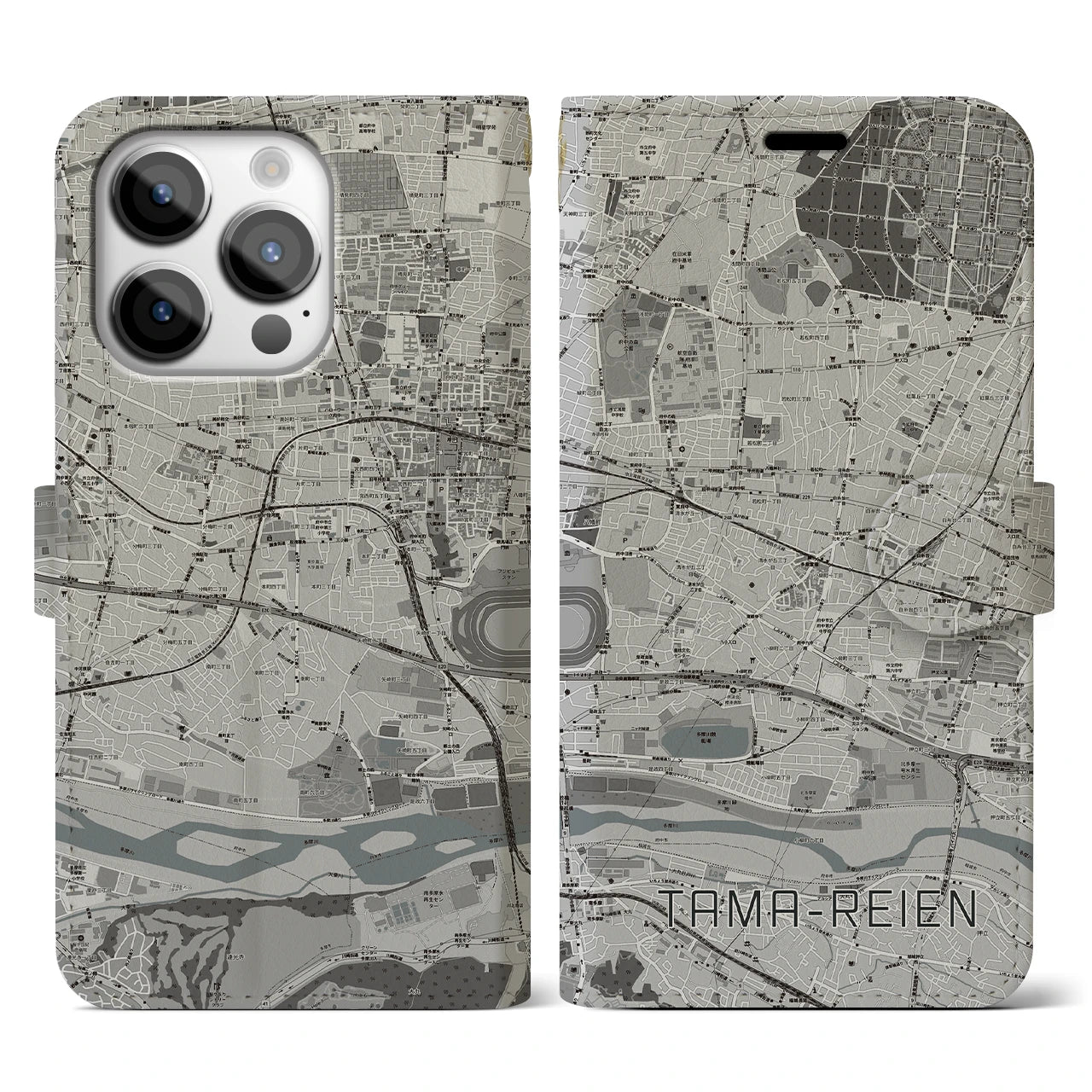 【多磨霊園(東京都)】地図柄iPhoneケース(手帳タイプ)モノトーン・iPhone 14 Pro 用
