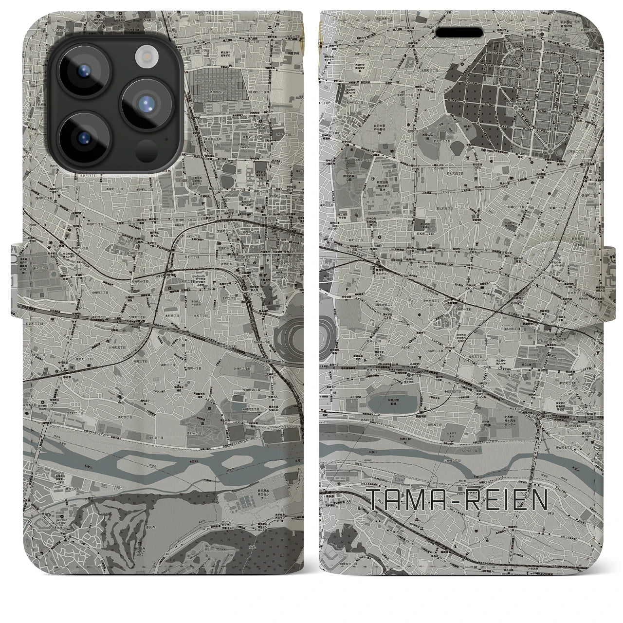 【多磨霊園(東京都)】地図柄iPhoneケース(手帳タイプ)モノトーン・iPhone 15 Pro Max 用