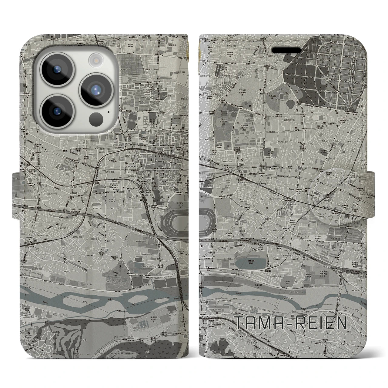 【多磨霊園(東京都)】地図柄iPhoneケース(手帳タイプ)モノトーン・iPhone 15 Pro 用